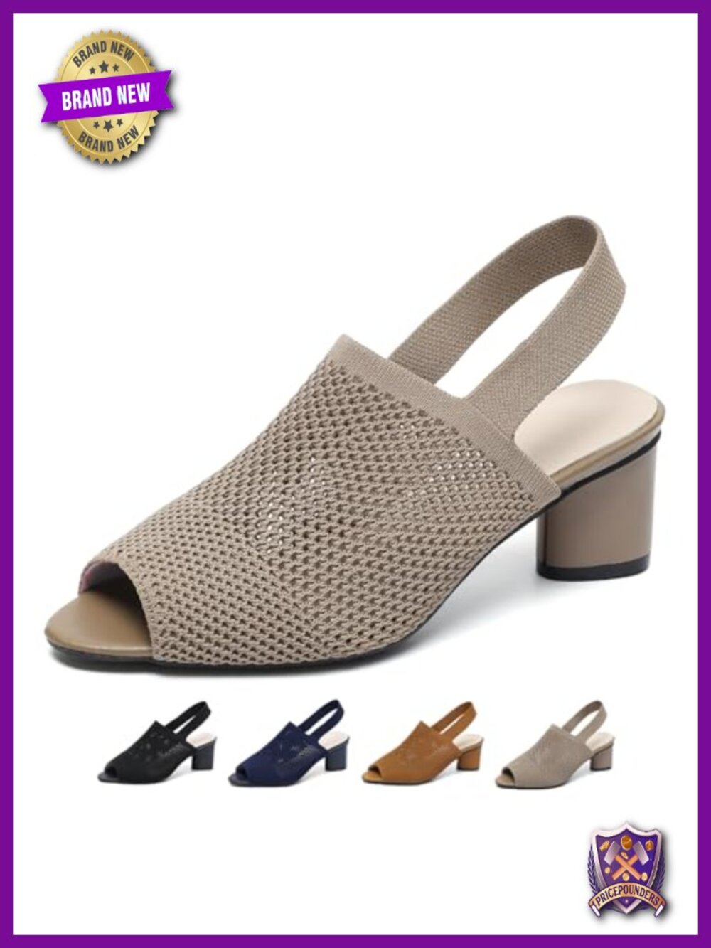 Knit Peep Toe Chunky Block Heeled Sandals with Ankle Strap Slingback Pointed